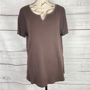 Chicos 1 Tee Shirt Womens M Brown Split Neck Short Sleeves Cotton